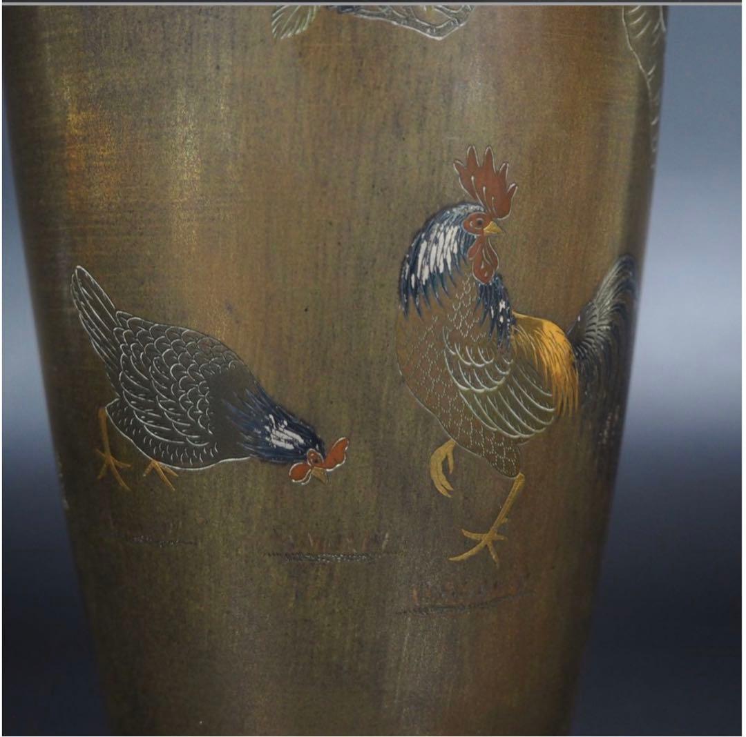 送料無料　幕末～明治期　金銀象嵌銅製花瓶　在銘　高さ24ｃｍ