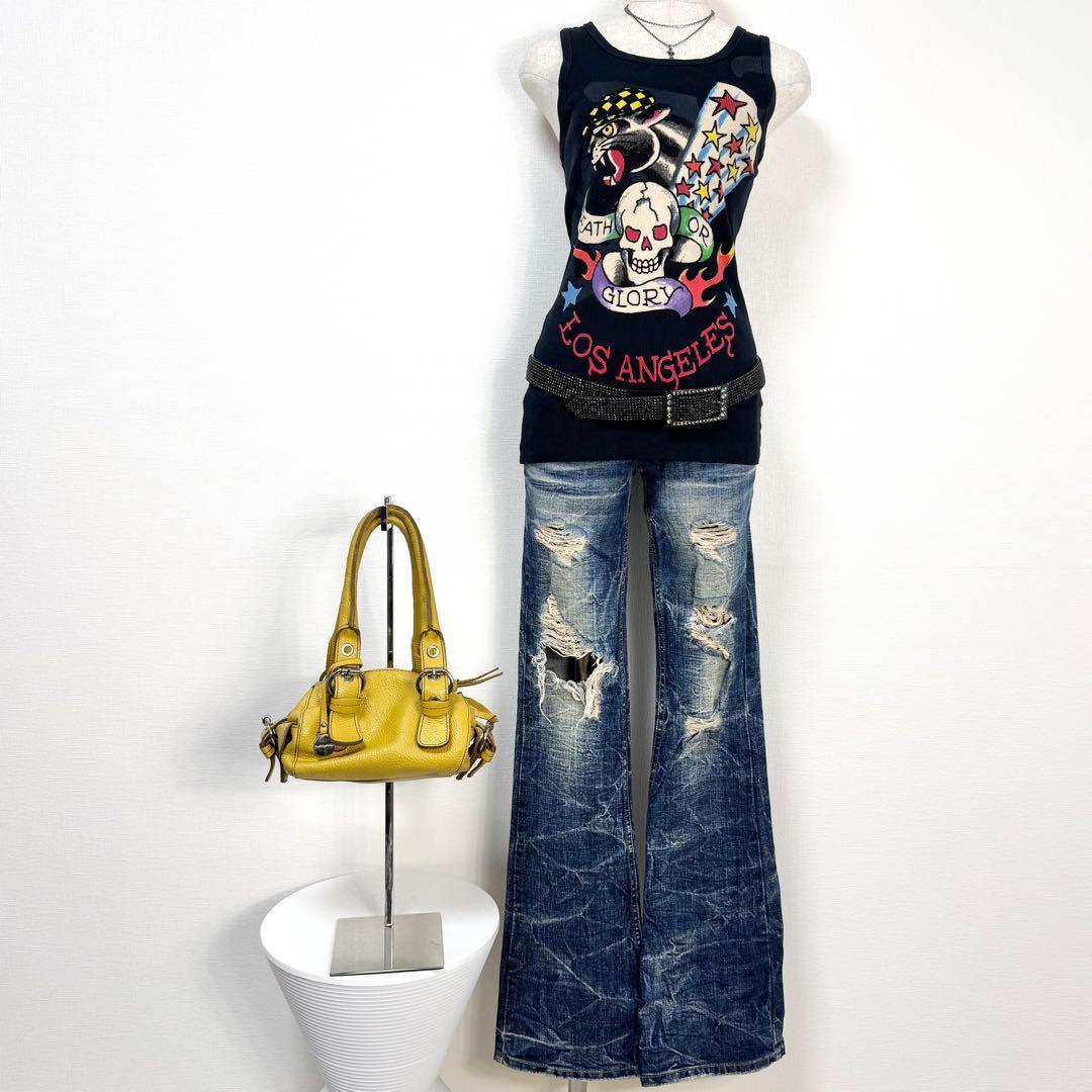 y2k❤️ 00s Ed Hardy スカル 両面ロゴ リブ タンクトップ