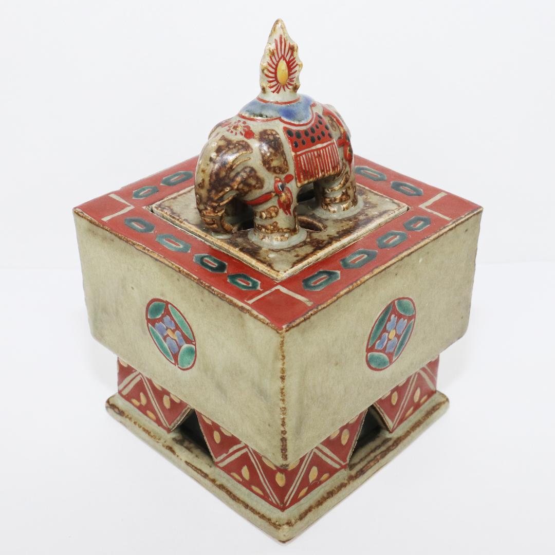 陶芸家 道林俊正作 色絵 七宝文 象香炉 共箱