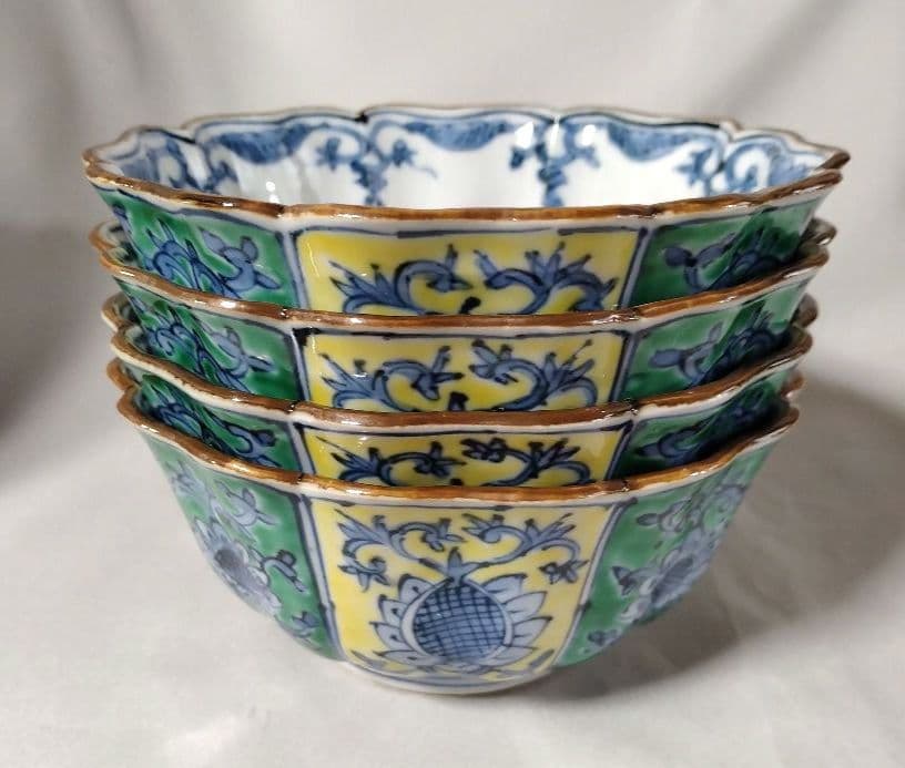雲泉窯　青黃彩花唐草　向附　　小鉢　4個