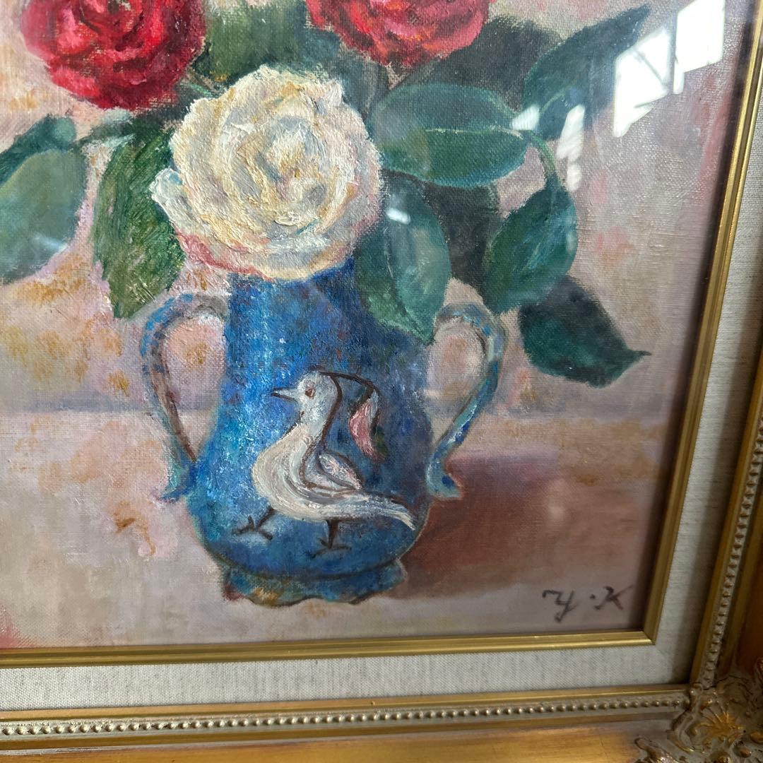 瞬間的お値下げ‼️雰囲気のよい優しいバラと鳥の絵　油彩画 花瓶のバラ ヴィンテージ