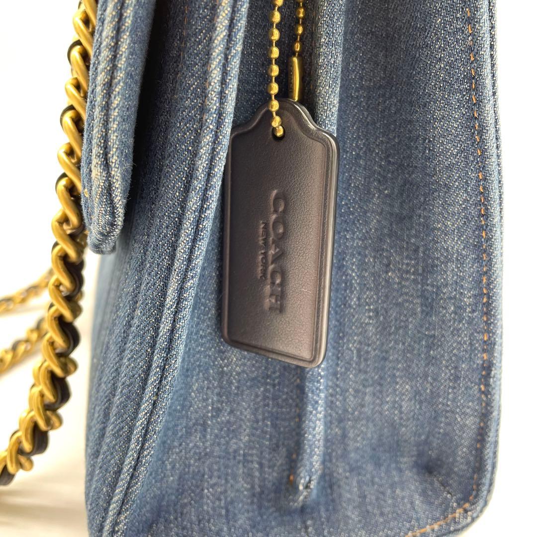 【極美品】コーチ　ショルダーバッグ　ティーローズ　ターンロック　デニム　青