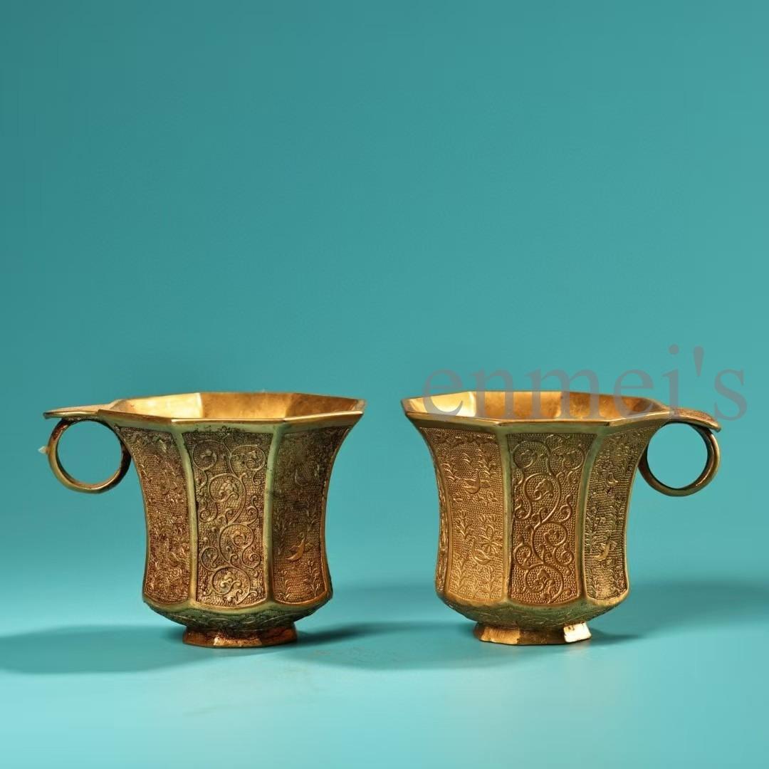 中国古美術・珍蔵純銅製・鎏金・錾花彫刻・八角彫刻酒杯セット・茶道具・風水置物