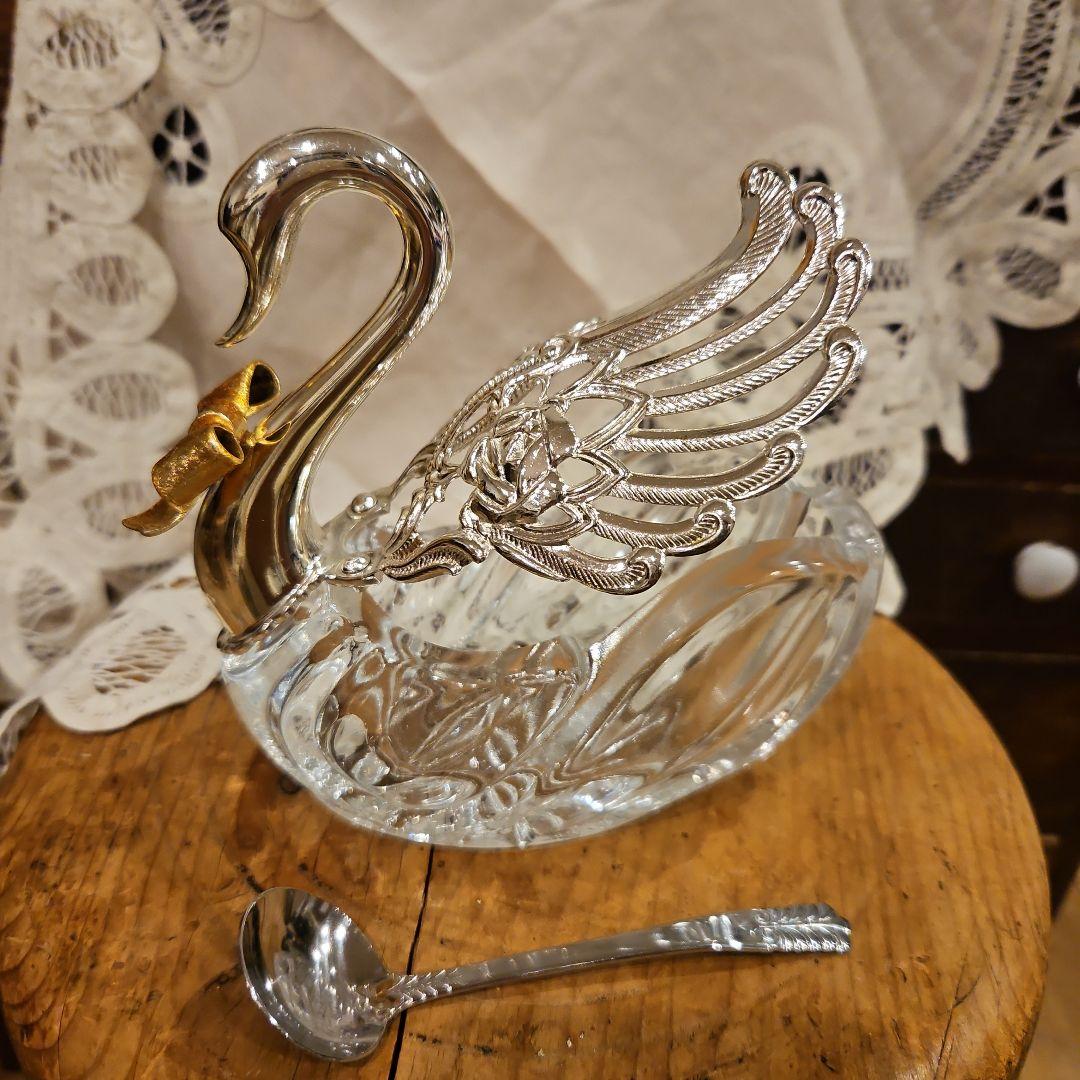 フランスアンティーク風　スワン　白鳥　ガラス製 白鳥 デザイン スプーン付き