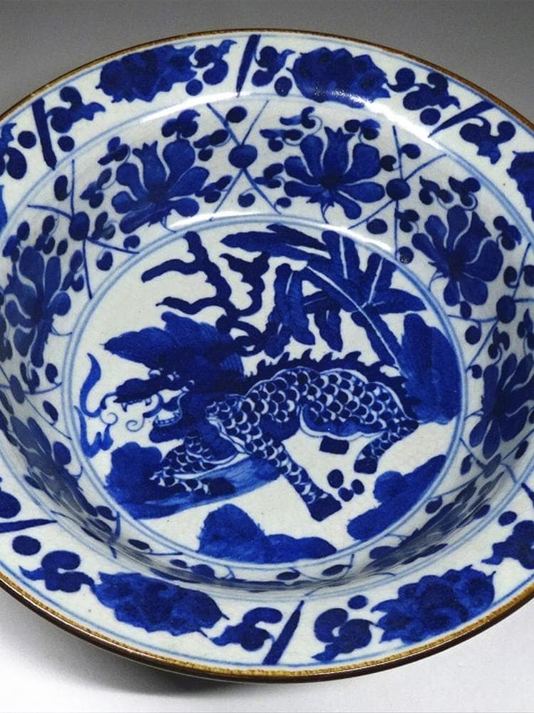 中国古玩 南京 青花麒麟文 鉢 大明萬暦年製 幅約24cm 唐物 c030416