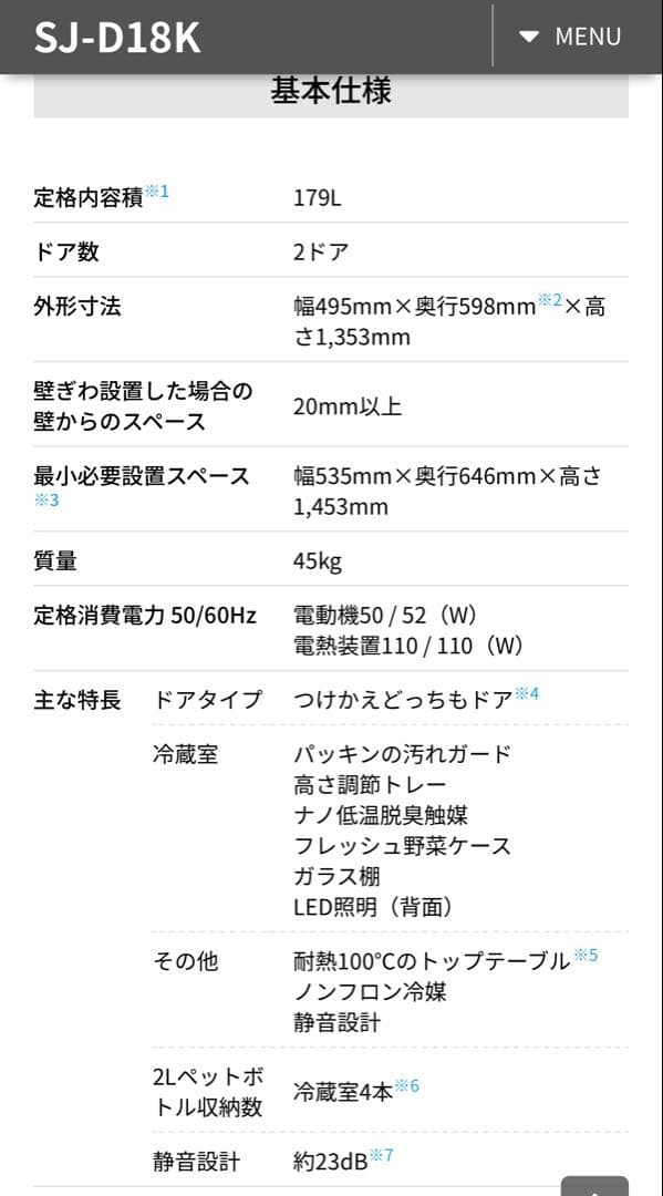 冷蔵庫　SJ-D18K シャープ　2024年製