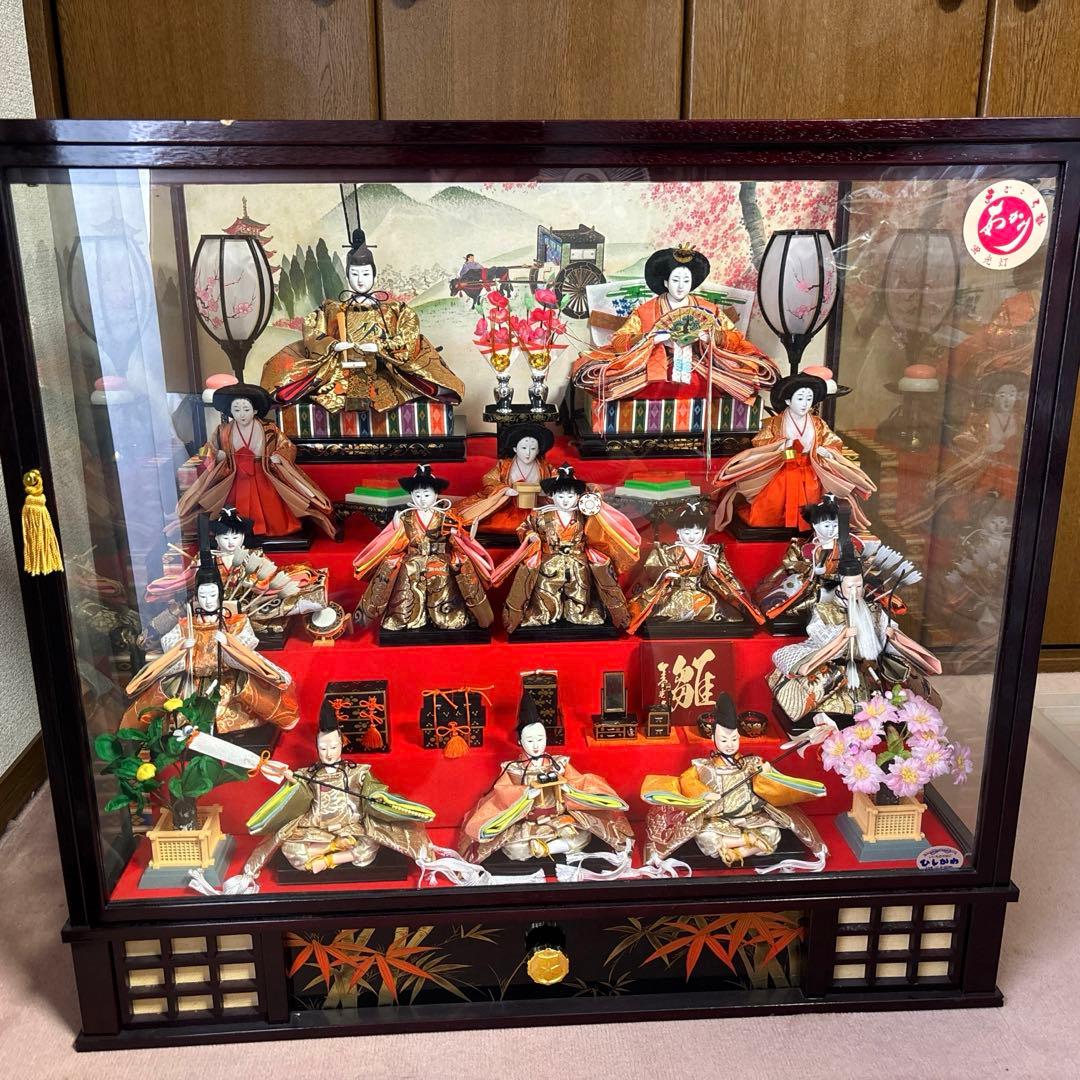 雛人形セット 和風ランプ付き　ガラスケース入り