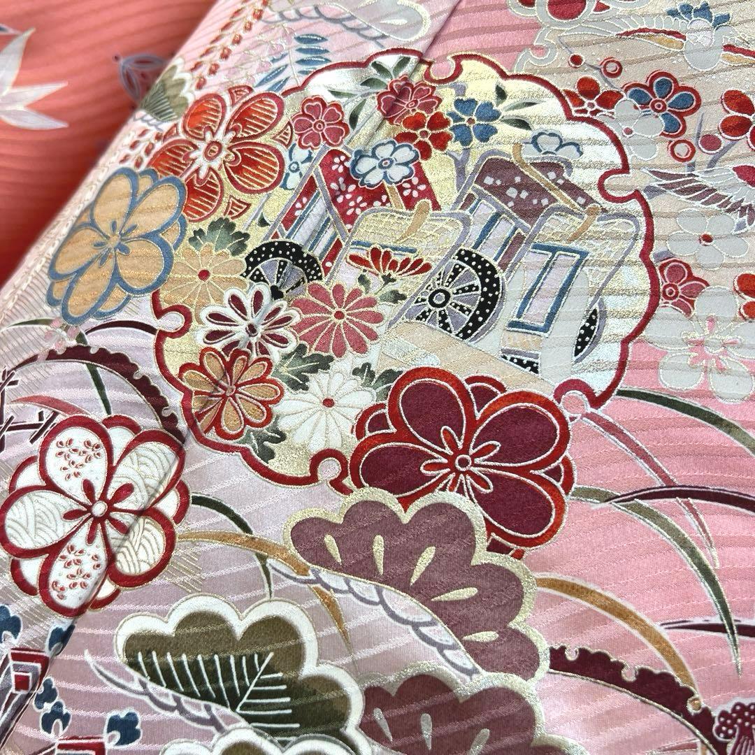 480 振袖フルセット 正絹 コーラルピンク オレンジ 橙 桃 金銀彩 暈し染め