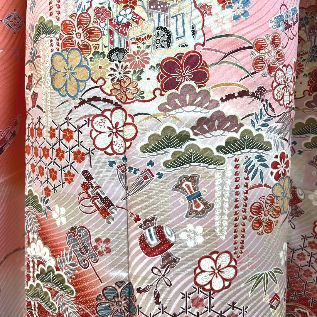 480 振袖フルセット 正絹 コーラルピンク オレンジ 橙 桃 金銀彩 暈し染め