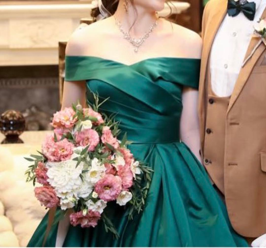 カラードレス 9号 ウェディングドレス サテン グリーン プリンセスライン