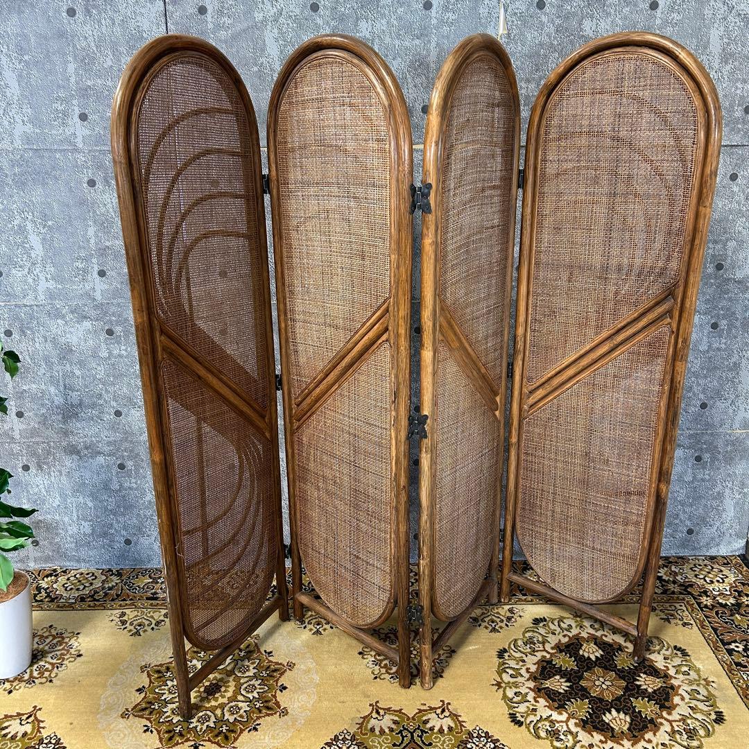 てらみ꧁籐家具꧂ラタン4連パーテーション ブラインド 間仕切り 昭和レトロ