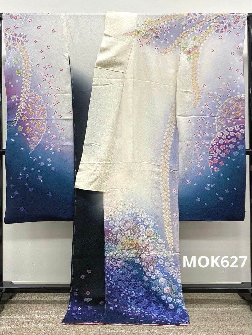 振袖 仮絵羽 京友禅 銀通し 絞り加工 金彩 辻が花 正絹 未仕立て品 八掛付き