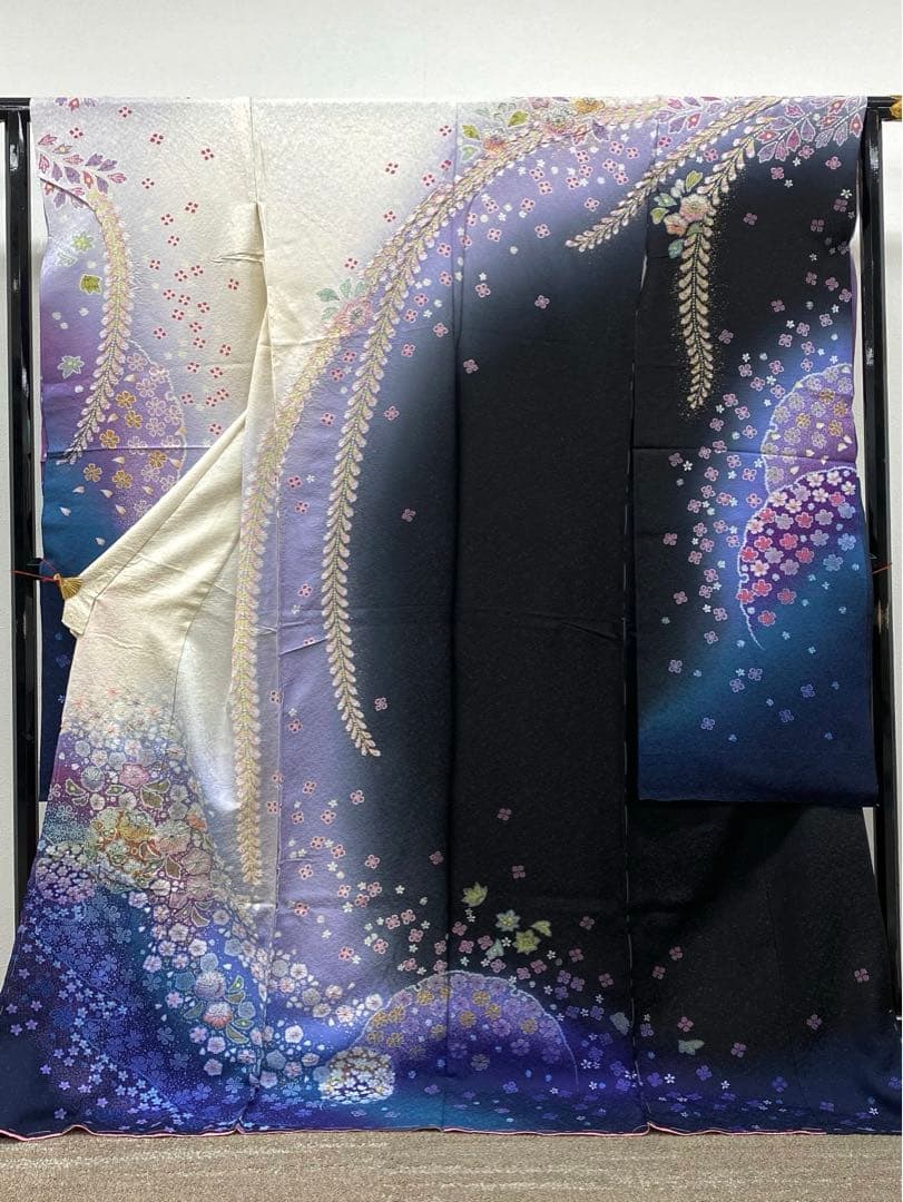 振袖 仮絵羽 京友禅 銀通し 絞り加工 金彩 辻が花 正絹 未仕立て品 八掛付き