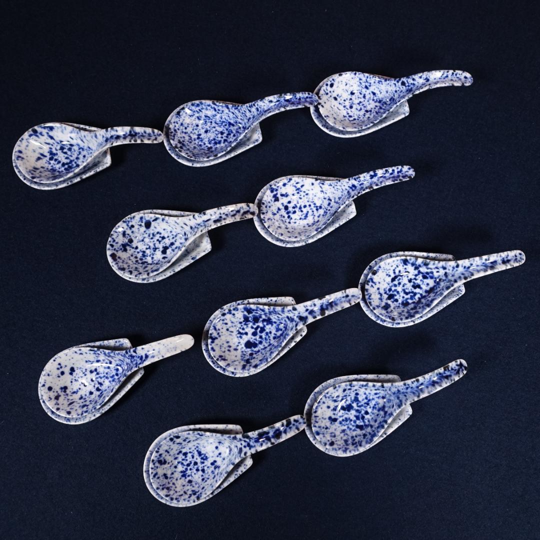 京焼 川尻一寛 禎山窯 染付 吹墨 レンゲ形 珍味入 10客 台座付