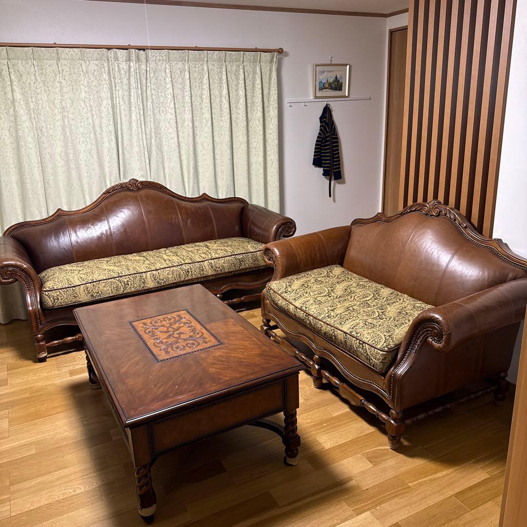 クラシックブラウンレザーソファセット