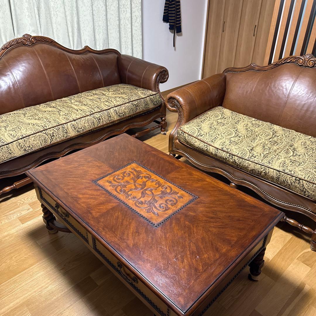 クラシックブラウンレザーソファセット