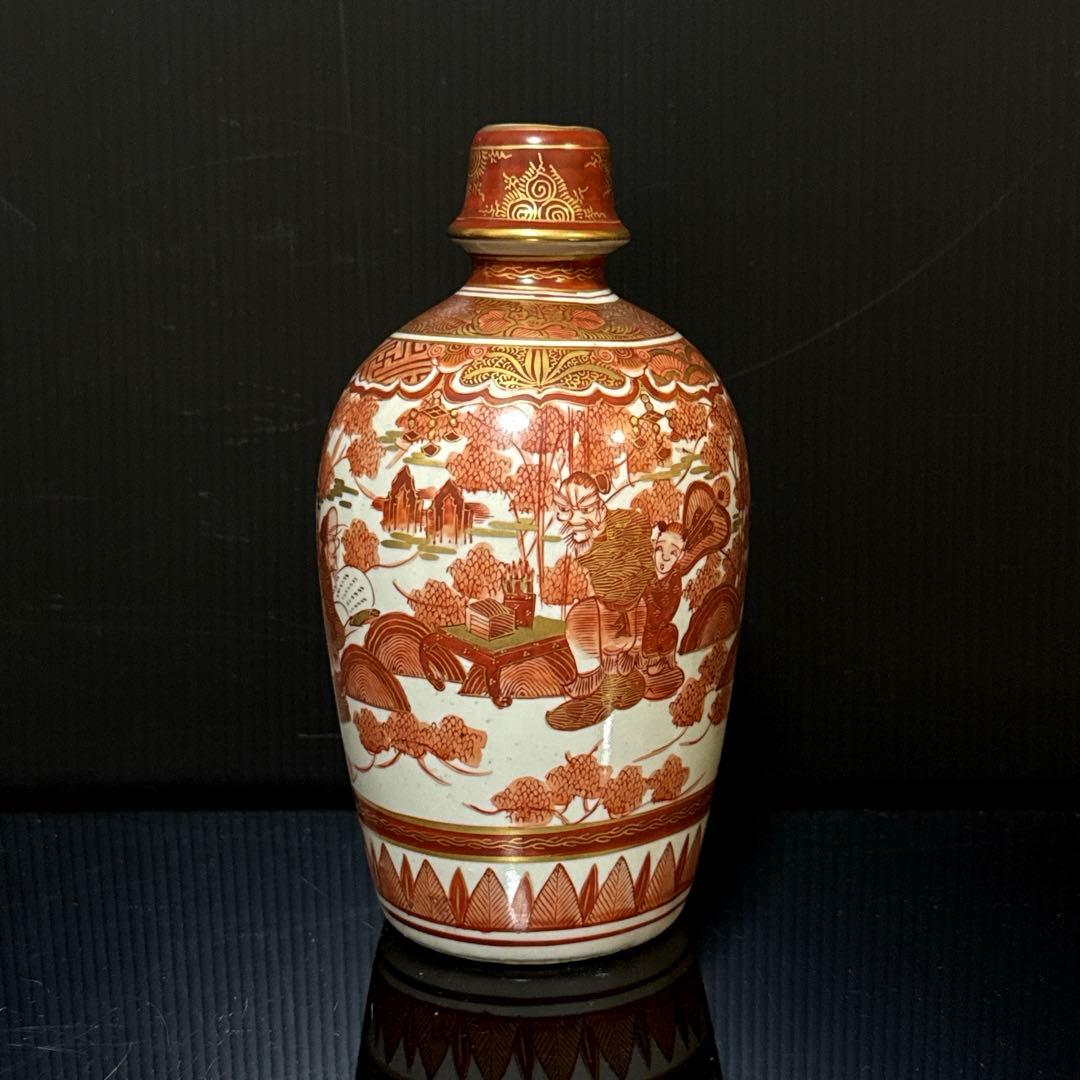 湖東焼 金蘭赤絵 人物図 花瓶 徳利 在銘