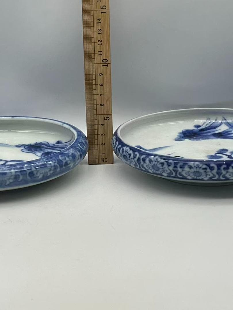 秋田焼　手描き染付山水画盛り鉢(B-47)