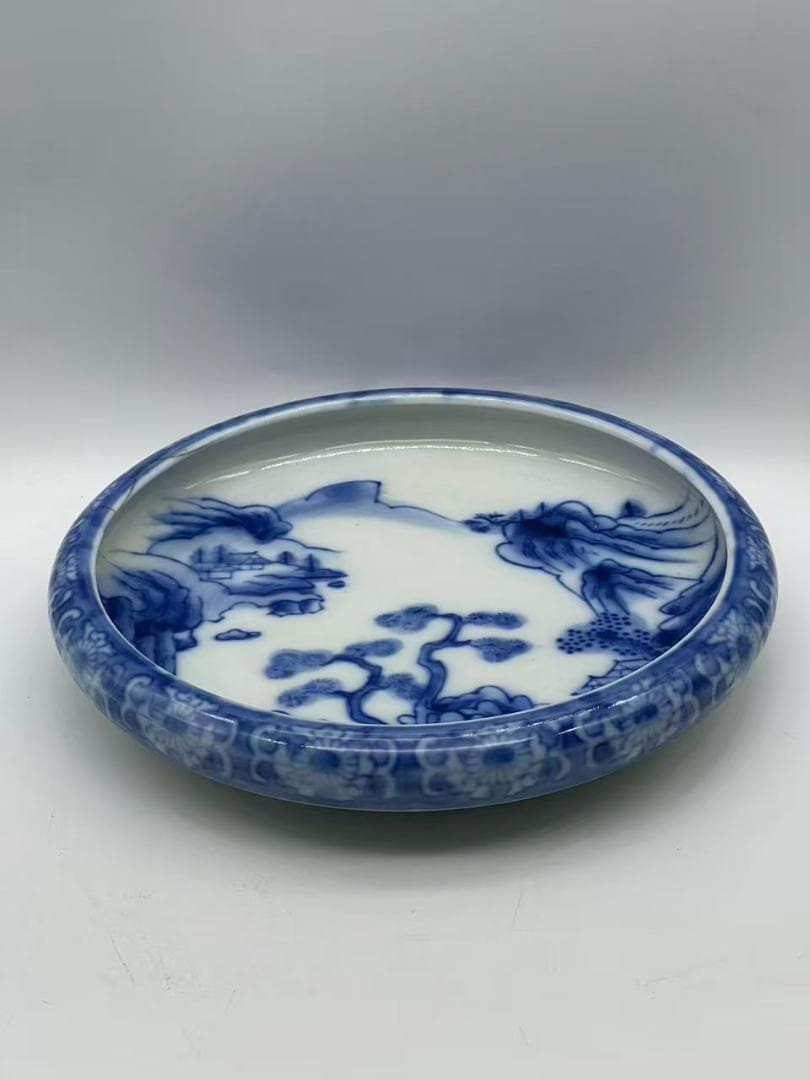 秋田焼　手描き染付山水画盛り鉢(B-47)