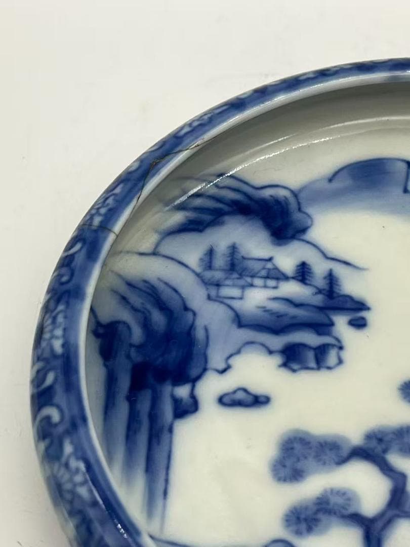 秋田焼　手描き染付山水画盛り鉢(B-47)