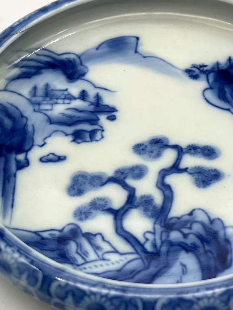 秋田焼　手描き染付山水画盛り鉢(B-47)