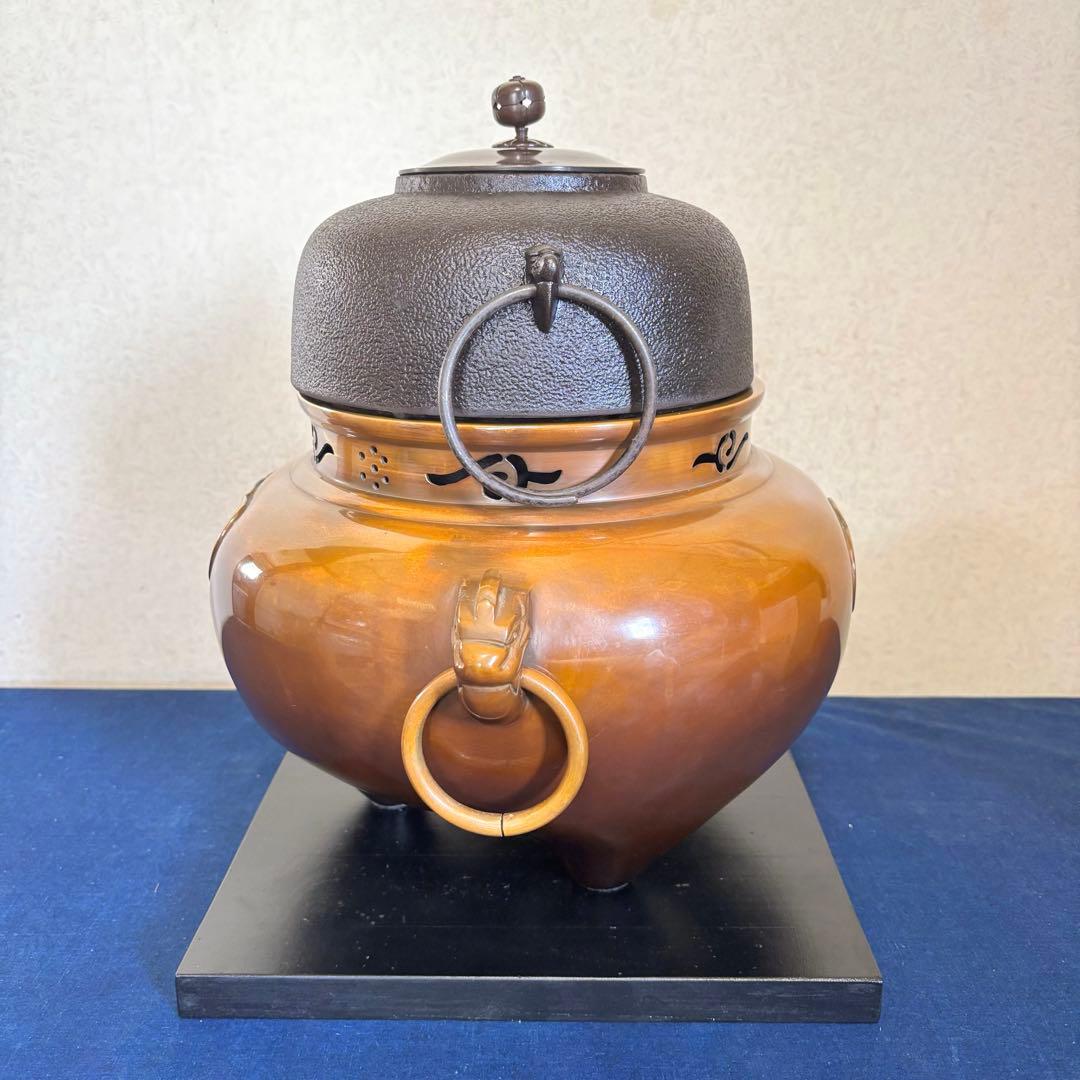 人間国宝敬典造 風炉 炉釜 電熱器 唐銅鬼面風炉釜 野々田電熱器 敷板 茶道具