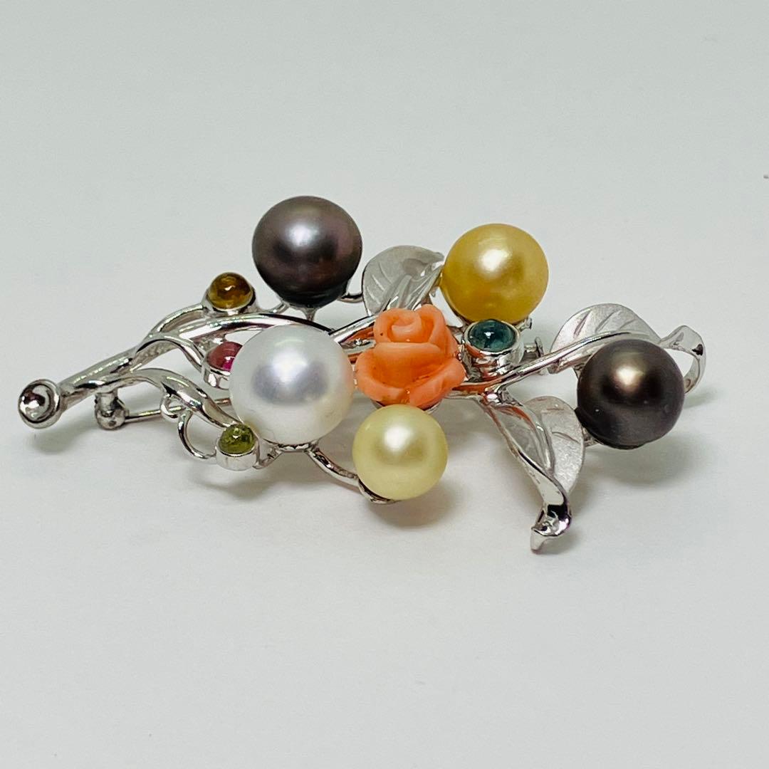 シルバー925 南洋真珠 タヒチ黒真珠 マルチ石付き ブローチ