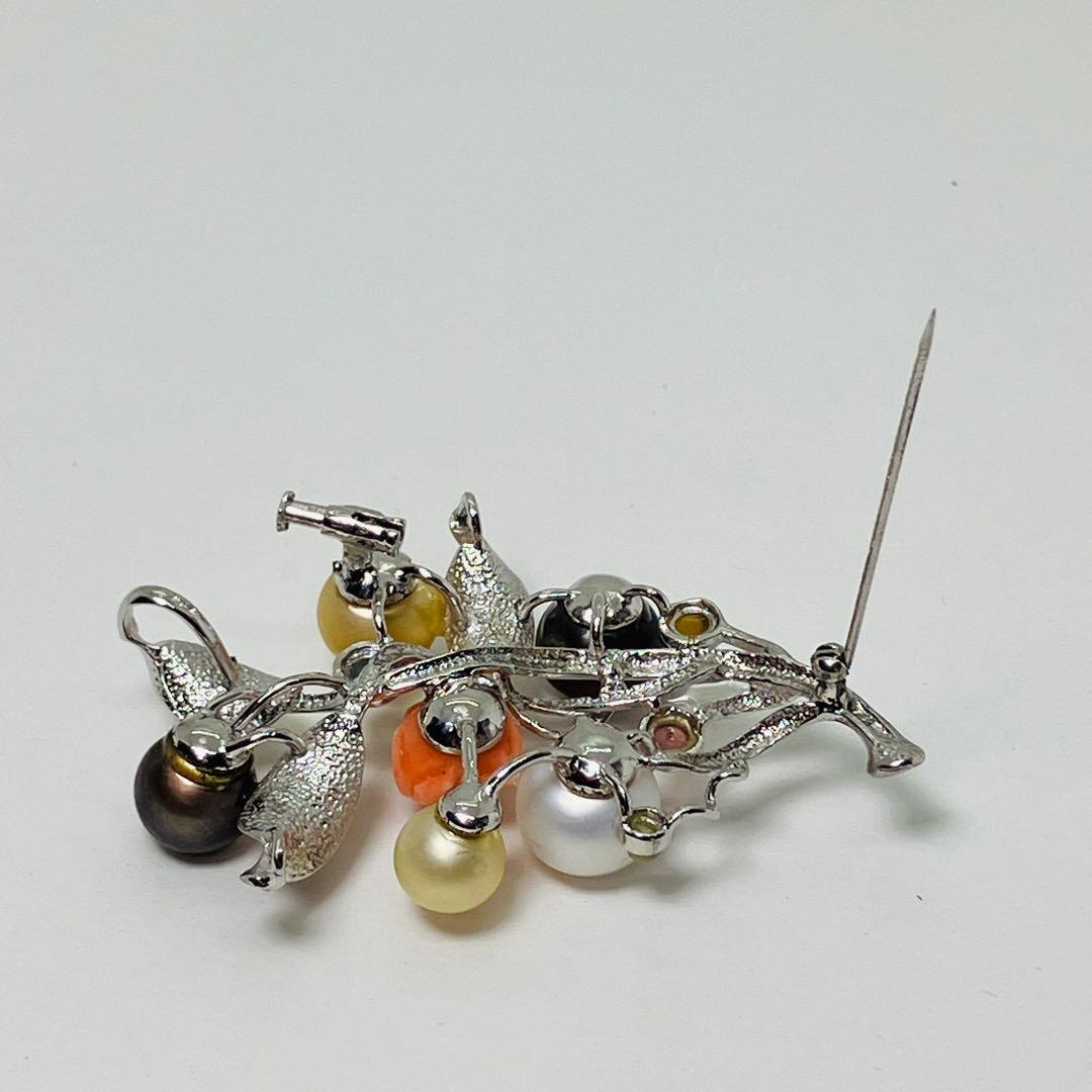 シルバー925 南洋真珠 タヒチ黒真珠 マルチ石付き ブローチ