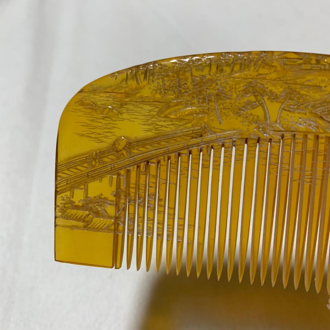 本鼈甲　櫛　嵐山渡月橋　銘あり　超細密彫　超絶技巧　アンティーク　髪飾り