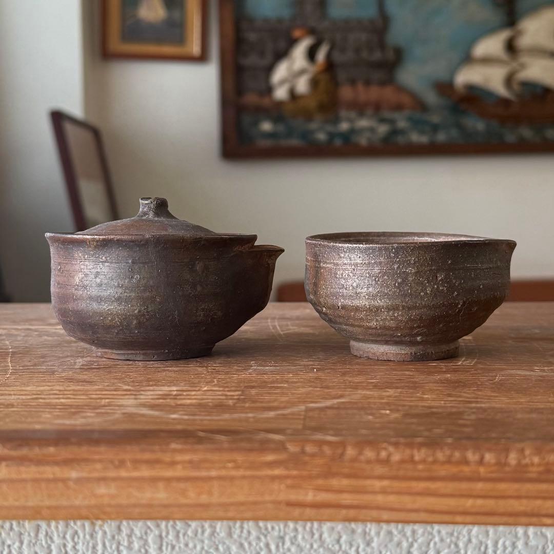 SNT454 真作 備前焼 人間国宝 藤原啓 宝瓶 湯冷し 二点 宝瓶直しあり