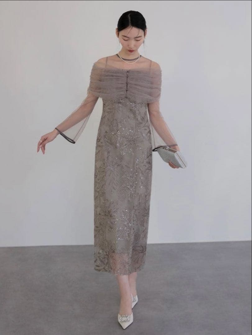 チュールオフショルダー花柄Iラインワンピースドレス結婚式二次会パーティー成人式