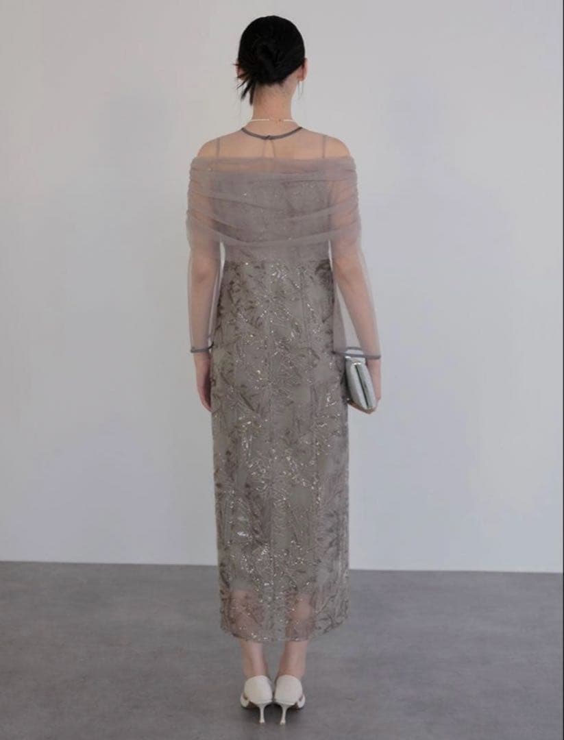 チュールオフショルダー花柄Iラインワンピースドレス結婚式二次会パーティー成人式