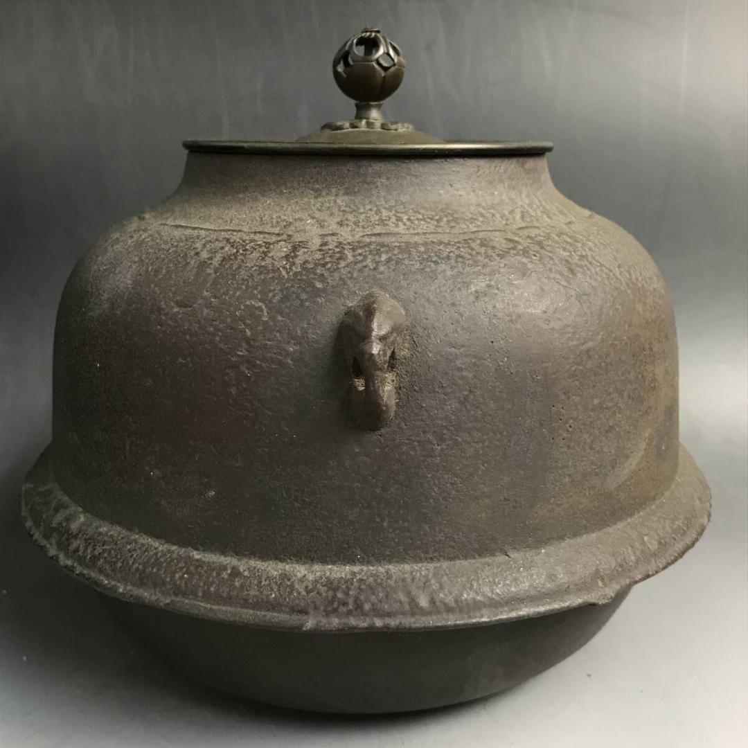 鬼面風炉 風炉師/市ノ瀬宗定 唐銅 鉄釜/銘無し 朝鮮風炉釜 真鍮蓋