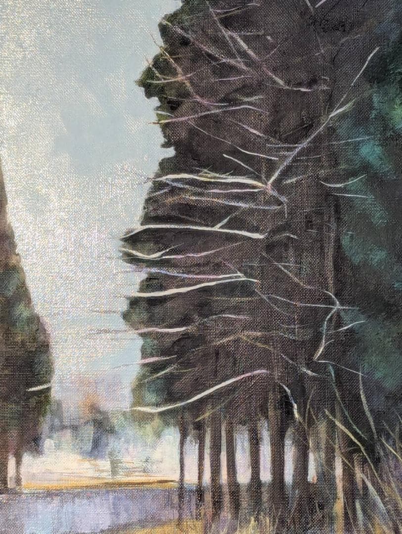 【真作】絵画　岡新市　油彩10号　冬の並木道　静寂の森風景　冬景色　Y153