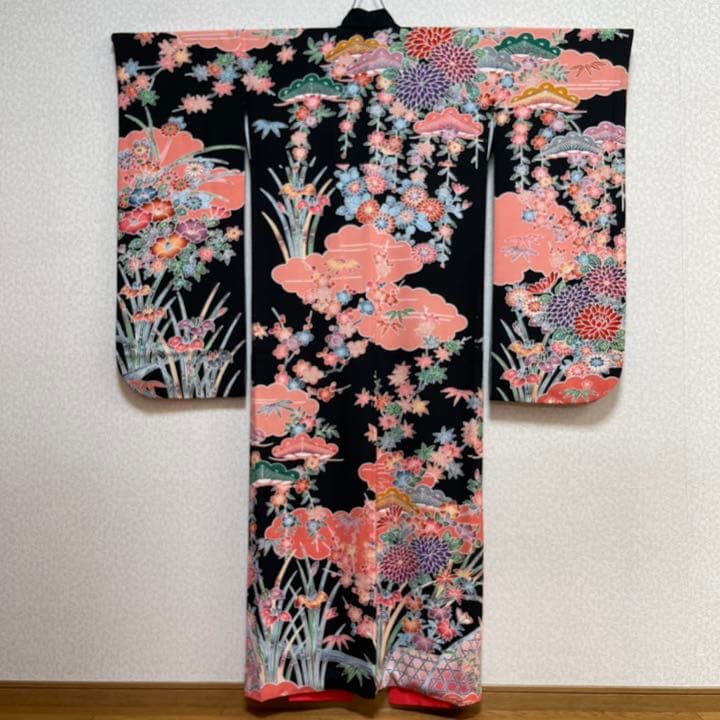 振袖 正絹 ジュニア着物 振り袖 十三参り振り袖 ハーフ成人式 黒地花柄 超美品