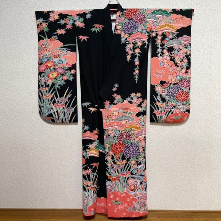 振袖 正絹 ジュニア着物 振り袖 十三参り振り袖 ハーフ成人式 黒地花柄 超美品