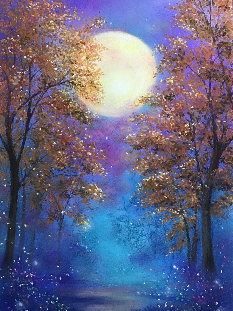 新春の月　絵画アート原画　パステル画