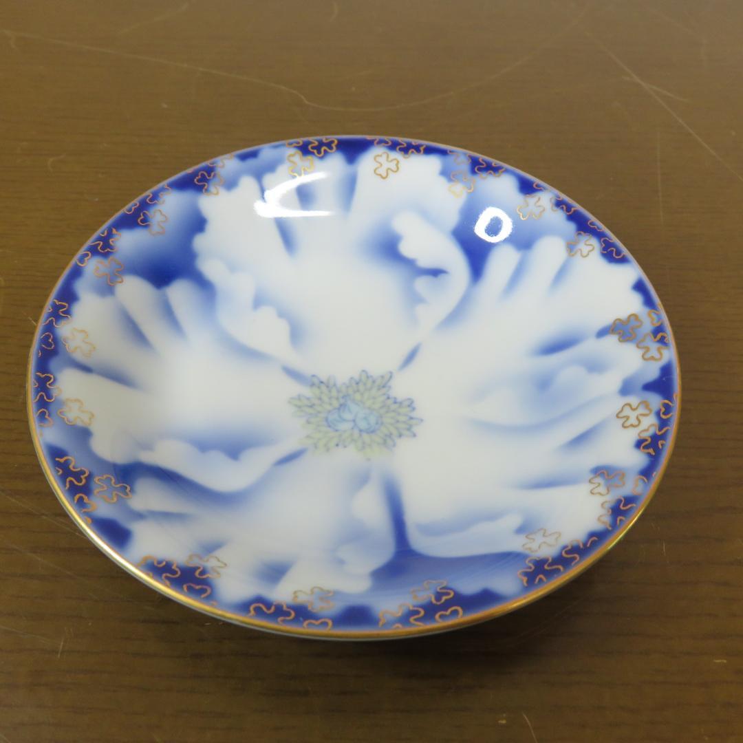 小皿5枚 深川製 花文様 木箱付き 深川ブルー 染付 金彩