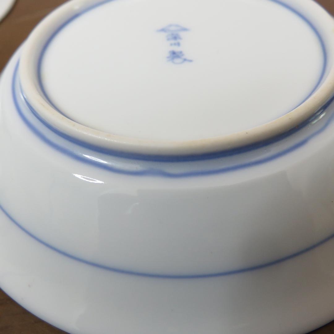 小皿5枚 深川製 花文様 木箱付き 深川ブルー 染付 金彩