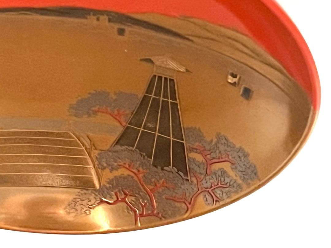 三つ組盃 金銀蒔絵 塗り師 春仁造 箱入り 田子の浦 二見ヶ浦 三保松原 稀少