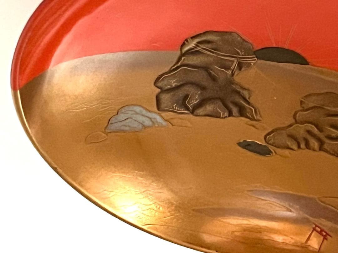 三つ組盃 金銀蒔絵 塗り師 春仁造 箱入り 田子の浦 二見ヶ浦 三保松原 稀少