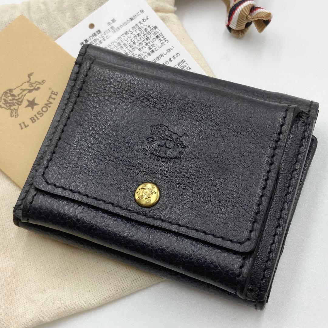 極美品　イルビゾンテ　トリフォルド　折り財布　ロゴ刻印　レザー　ブラック