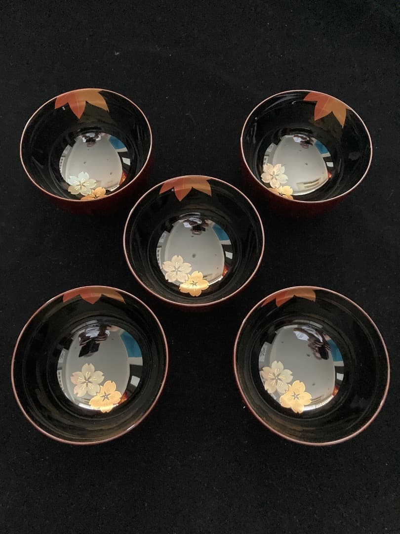 輪島塗「花蒔絵」吸物椀5客 / 曽又真山作 栞、元箱付