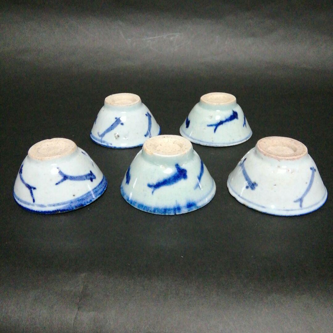 中国清朝　南京染付青花メダカ文酒盃　５客揃　南京染付　安南染付　清朝