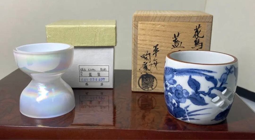 【茶道具】上野良樹造　ガラス蓋置　陶象造　花鳥画蓋置セット