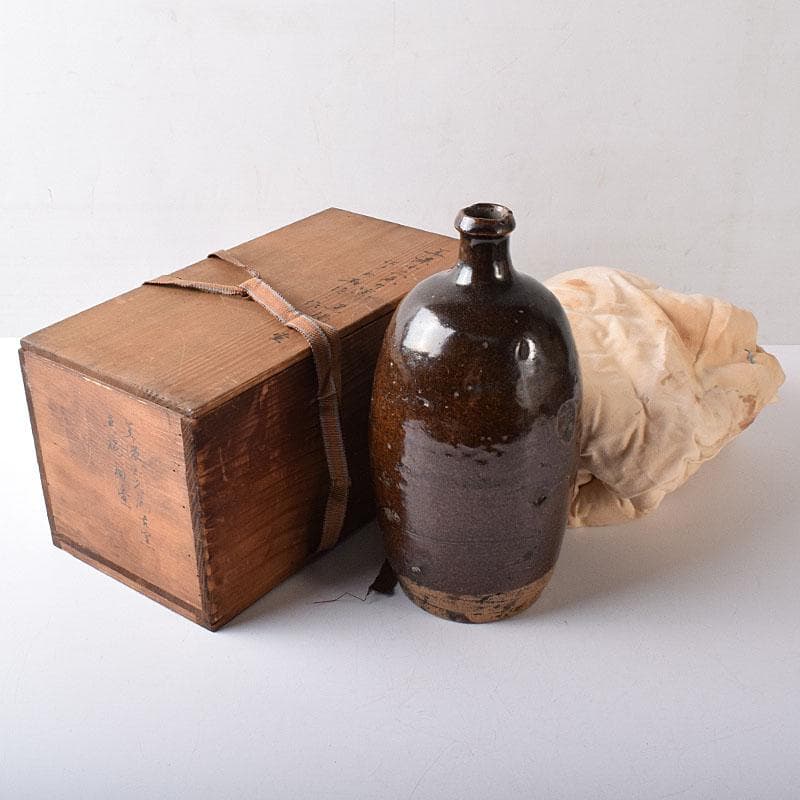 美濃焼　久尻窯　黒褐釉壷　江戸初期頃　時代書付箱　V　R8357