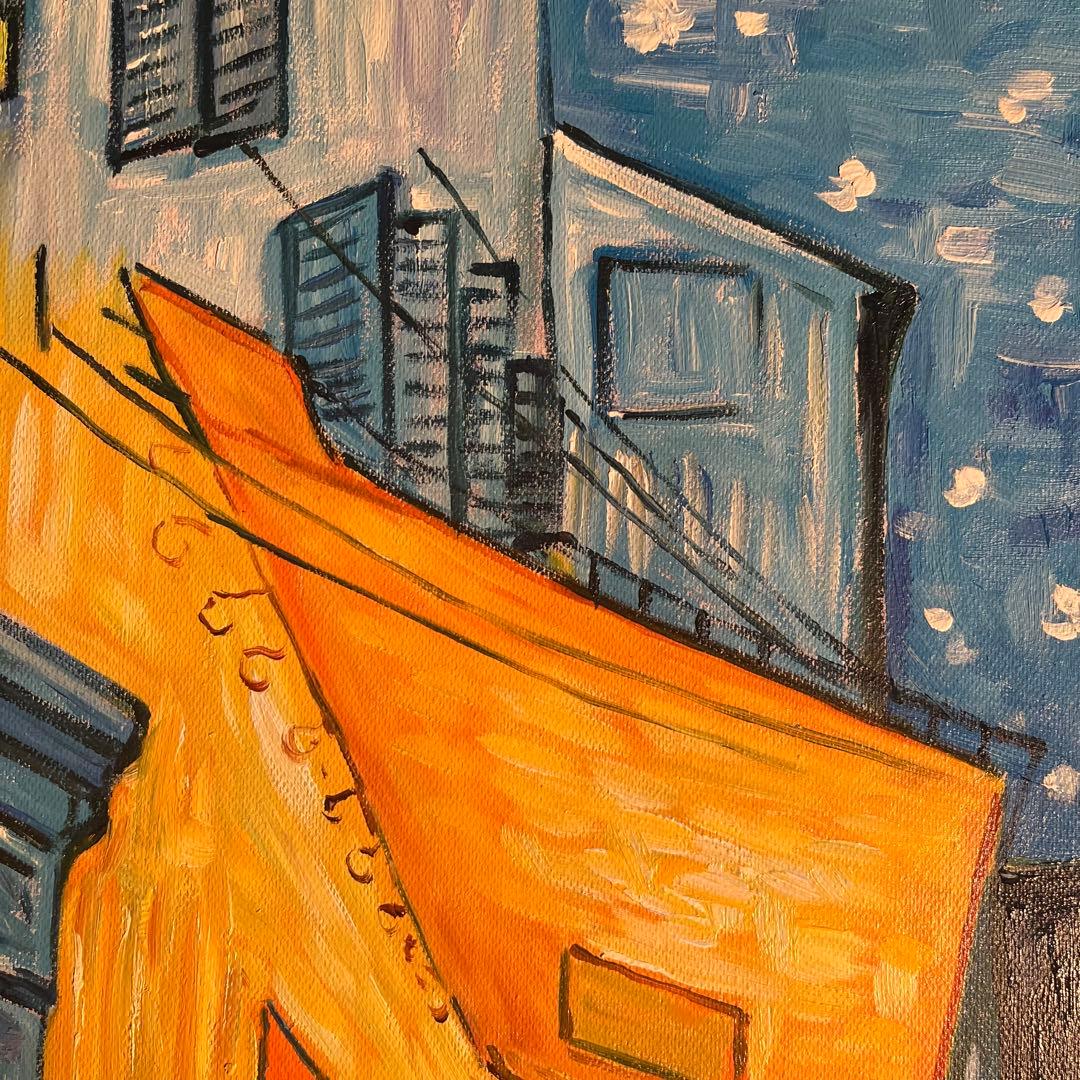 ★秀作★手書き油絵 ゴッホ 夜のカフェテラス 額付 絵画 インテリア 油彩画