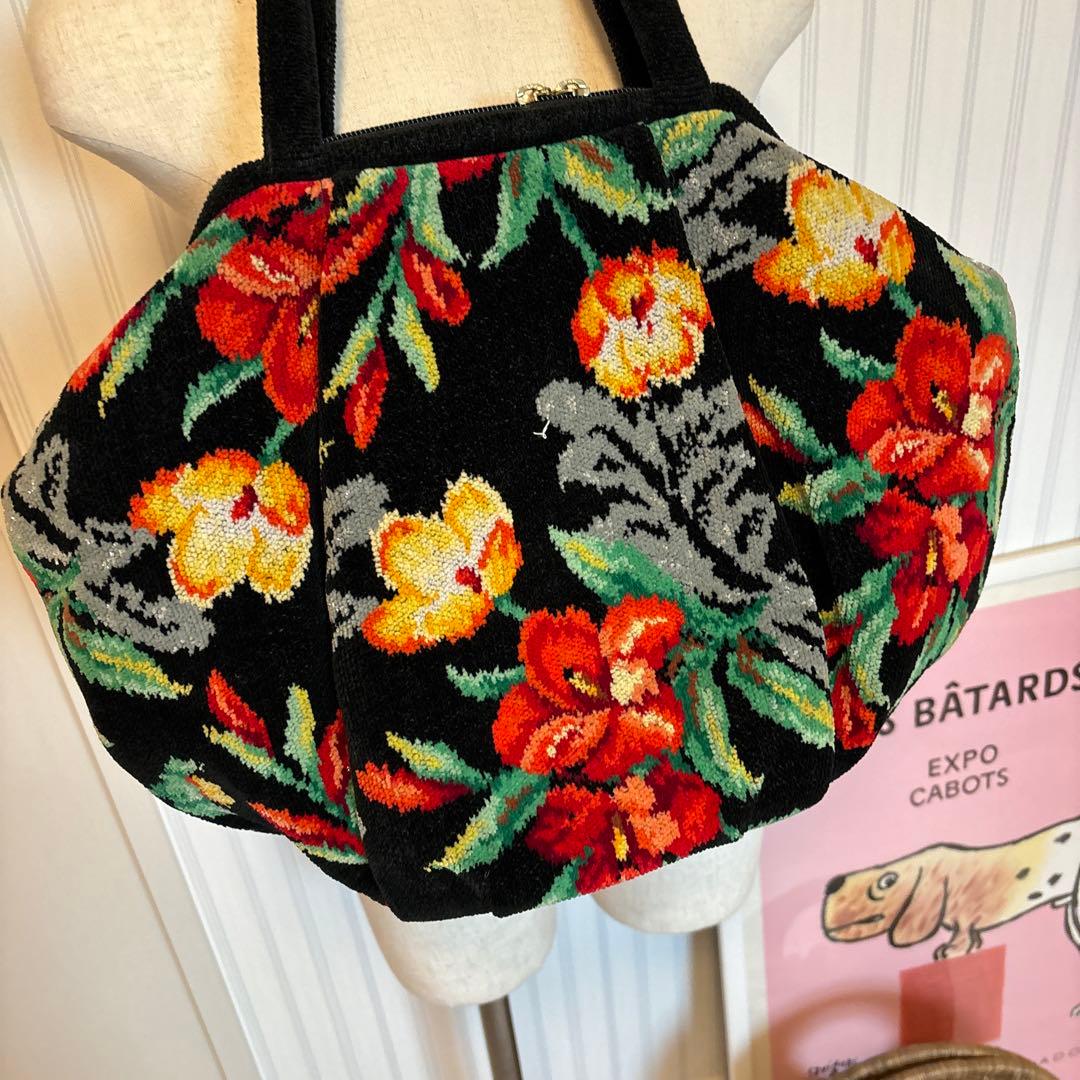 希少型　フェイラー FEILER トートバッグ 花柄 がま口　ブラック