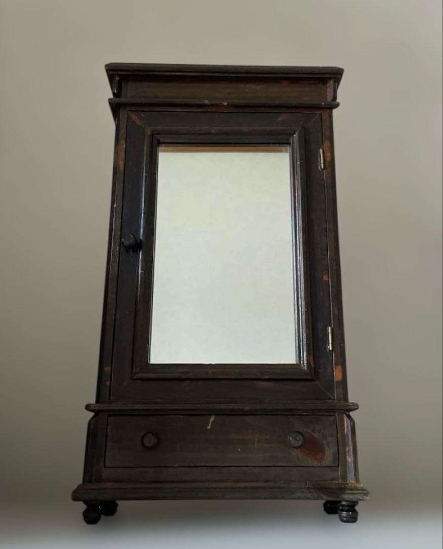 アンティーク調 小型ミラーキャビネット 引き出し付き ウッド