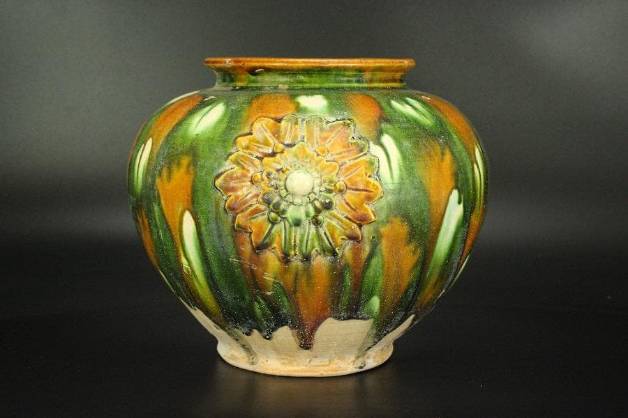 中国美術 唐三彩 丸壷 φ23.2cm(LC239)